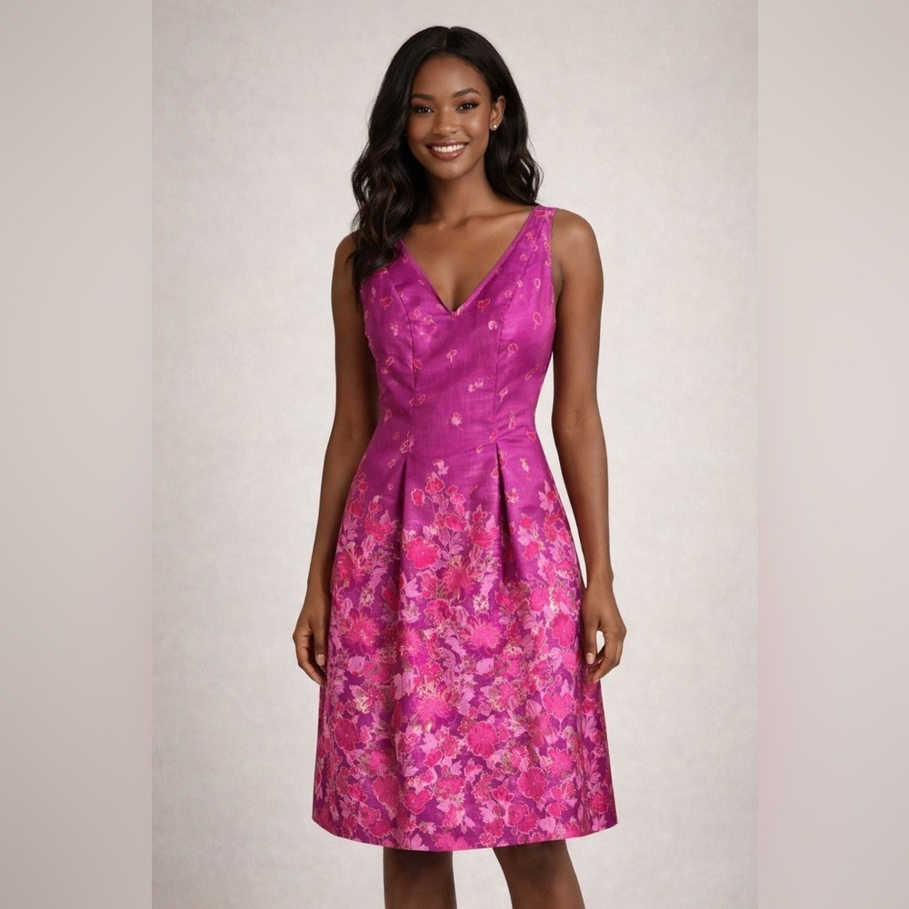 Adrianna Papell Pink Floral Jacquard Fit & Flare Dress V-Neck Sleeveless size 4